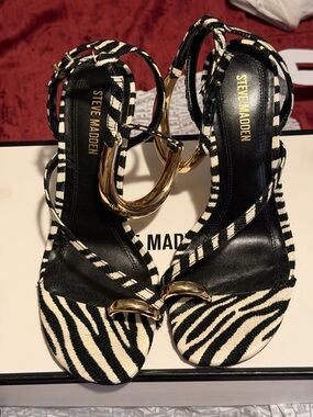 Steve Madden Zebra Print Ankle Strap Heels with Gold Accents